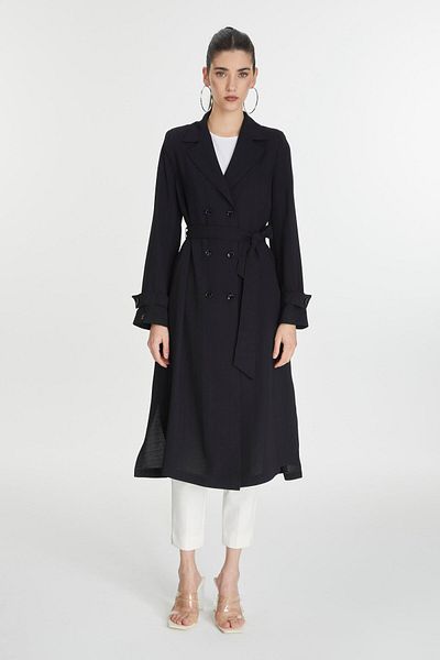 Zühre Double Breasted Collar Sleeve Detailed Belted Black Cap 13761