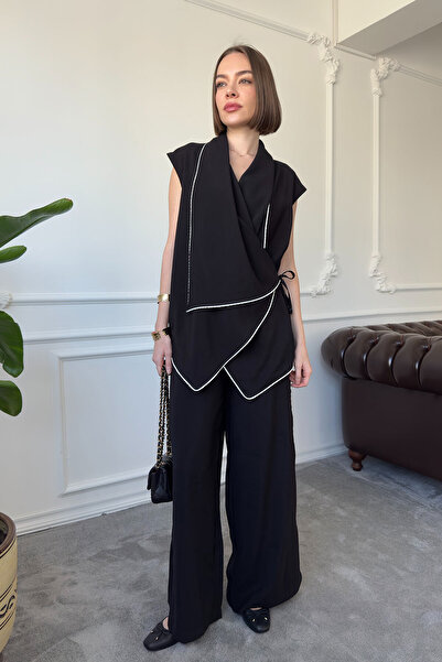 MAGARDE بدلة مودال مزدوجة الصدر بتصميم تفاصيل الأنابيب - أسود