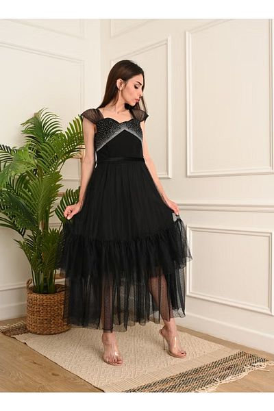 FULLJOY Long black crepe dress decorated with crystals on the chest and layered tulle on the shoulder and waist