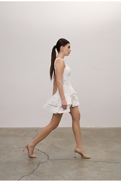 Angle Create Halter Yaka Fırfırlı Derin Yırtmaçlı Mini Elbise