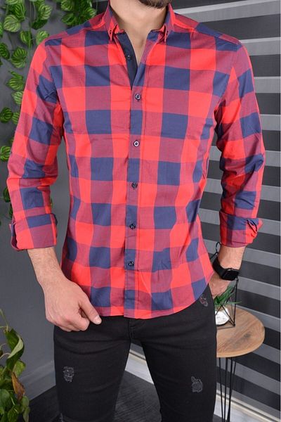 jack carisma Navy Blue-Red Checkered Cotton Flexible Slim Fit Men's Shirt