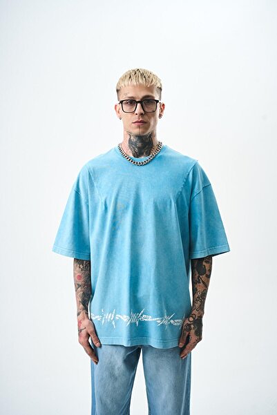 Respire Erkek Hell Baskılı Yıkamalı Oversize T-Shirt Mavi