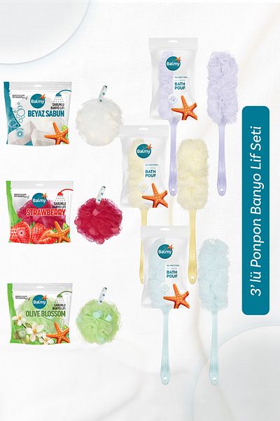 Balmy 3-Piece Pompom Bath Washcloth Set (3 Handles-3 Soaps)