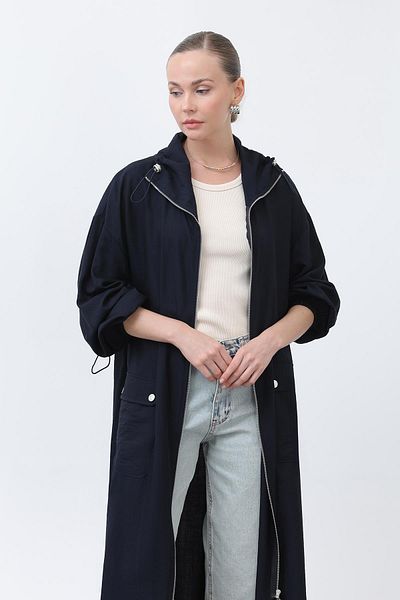 Puane Women's Wide Collar Pocket Detailed Zippered Cap - 15202Hrk - Navy