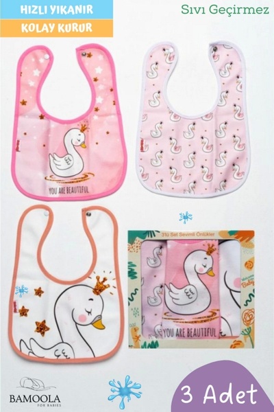 3 Adet Kuğu Desenli Bebek Mama ve Salya Önlüğü - (Sıvı Geçirmez - Microfiber - Çıtçıtlı)