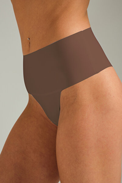 Pulsar Toparlayıcı Lazer Kesim Yüksek Bel Tanga Külot Kahve