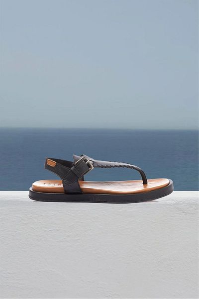 Deriderim Women's Summer Sandals - Black Genuine Leather, Flip Flops, Brown Leather Ankle Strap