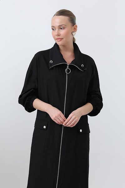 Puane Women's Wide Collar Pocket Detailed Zippered Cap - 15202Hrk - Black