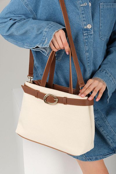 Mio Gusto Buckle Detailed Cream Fabric Tan Color Handle Hand and Women's Shoulder Bag