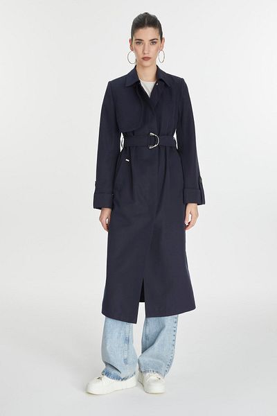 Zühre Shirt Collar Belted Sleeve Detailed Navy Blue Trench Coat 13723