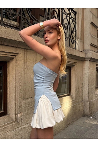 hazelin Γυναικεία μπλούζα στράπλες με διπλό σκίσιμο μπλε πλαϊνό HZL24S-ZK13091