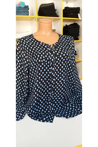 AKŞEN GİYİM Plus Size Jessica Cotton Polyester Fabric Collarless Black and White Pattern Mother Shirt with Foldable Sleeves