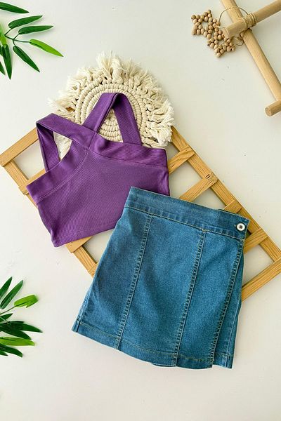 Minigimin Cicileri My Little One's Ciceleri Girls' Cross Strap Girls' Crop Top and Denim Shorts Skirt - Purple