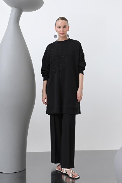 Puane Women's Front Embroidered Garni Detailed Tunic - 10627Tnk - Black