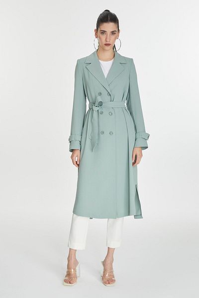 Zühre Double Breasted Collar Sleeve Detailed Belted Mint Cap 13761