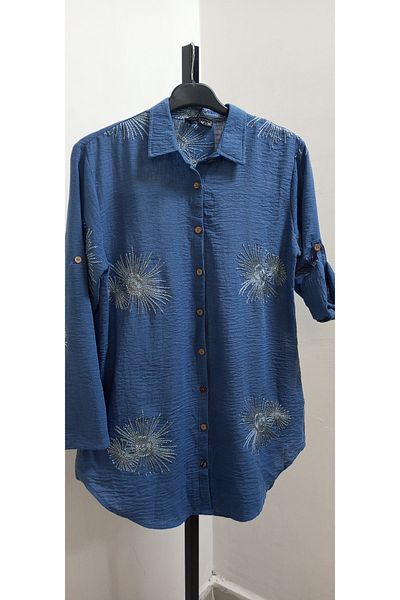 AKŞEN GİYİM Plus Size 100% Cotton Silvery Embroidered Shirt Collar Side Pocket 85 cm Tunic
