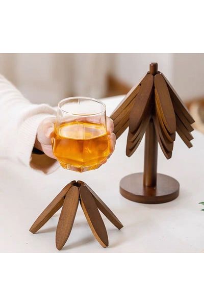 Ekostem Set of 4 Walnut Tone Wooden Trivets - Coaster Fenomen Trivet - Heat Resistant Folding Trivet