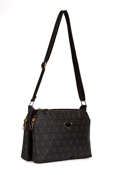 Newish Black Patterned - Adjustable Strap Crossbody Bag, Monogram Farme