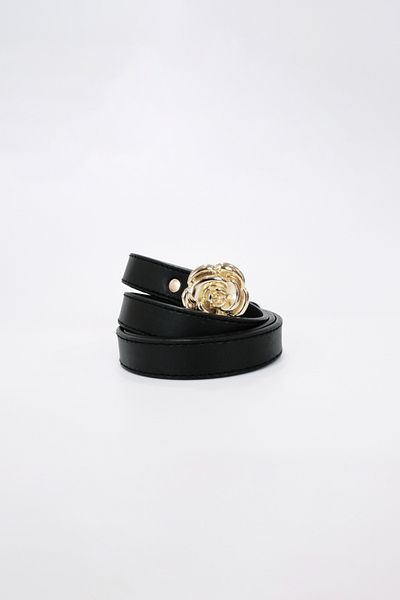 BE BLUE Black Gold Flower Buckle Thin Belt