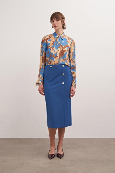 BİRELİN Asimetrik Düğmeli Yünlü Kalem Etek Bazalt Mavisi