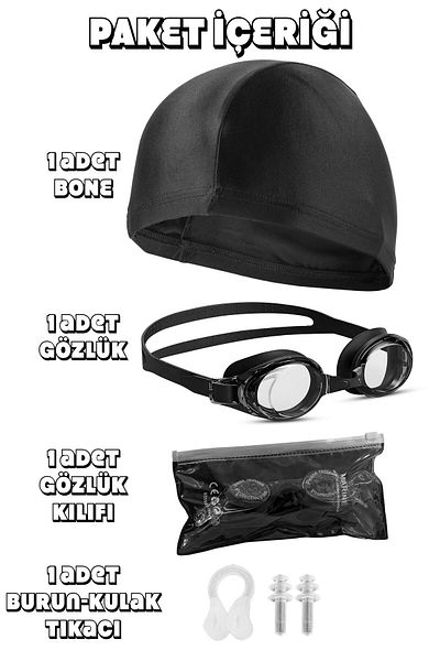 Telvesse Swimming Goggles Set of 4 Bonnet with Ear & Nose Plugs Adjustable Sea Pool Swimming Goggles Black
