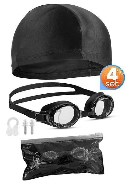 Telvesse Swimming Goggles Set of 4 Bonnet with Ear & Nose Plugs Adjustable Sea Pool Swimming Goggles Black