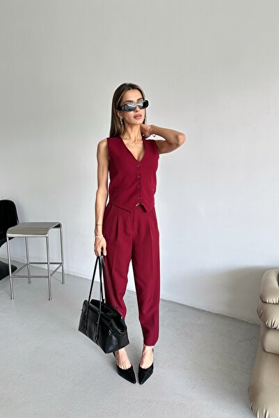 MAT Collection Women's Burgundy Vest Pants Double Set