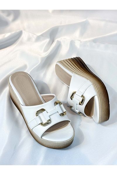 bulutmod Ba04464 White Leather Women's H Buckle Daily Evening Dress Wedge 7cm Heeled Slippers - 37