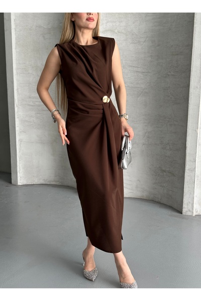 Moda Palmiss Γυναικείο Μπράβε Καφέ Πέτρινο Λεπτομερές Κομψό Μίντι Φόρεμα Linda