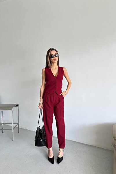 MAT Collection Women's Burgundy Vest Pants Double Set