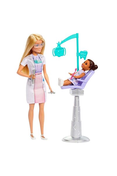 Barbie Diş Hekimi, sarışın bebek, 1 çocuk figürü, doktor temalı mobilya ve aksesuarlar JCR74
