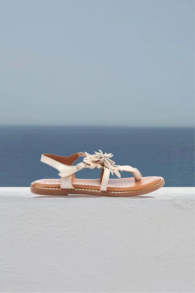 Deriderim Sandale de damă - piele de căprioară autentică albă, florale, talpă flip flop, piele naturală maro, curea la gleznă