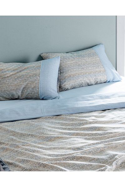 Madame Coco Burnel Bettwäsche-Set für Doppelbett, 100 % Krepp-Baumwolle, bedruckt, Blau/Beige