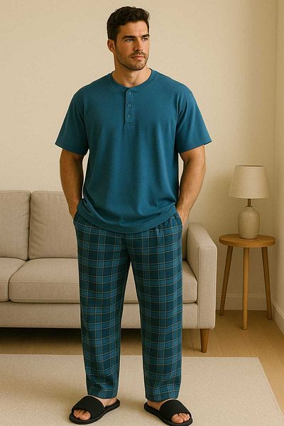 gigigiyim Set de pijama pentru bărbați cu model în carouri, detaliat cu nasturi