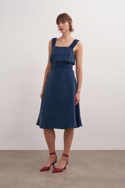 BİRELİN Beli Lastik Görünümlü Cupro Etek Lacivert