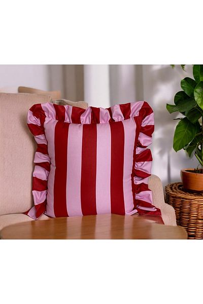 ASDİVA Brezza Ruffled Decorative Throw Pillow Case Striped Red-Pink 45X45