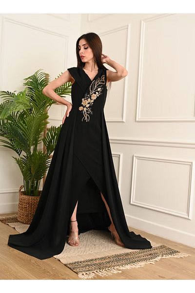 FULLJOY Long dress decorated with crystals and sequins on the chest, black