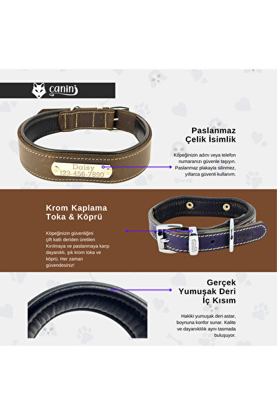 Canini Collar Kişiselleştirilmiş Hakiki Mat Deri Köpek Tasması, Yumuşak Deri Alt Kısım, Ekstra Dayanıklı & Sağlam