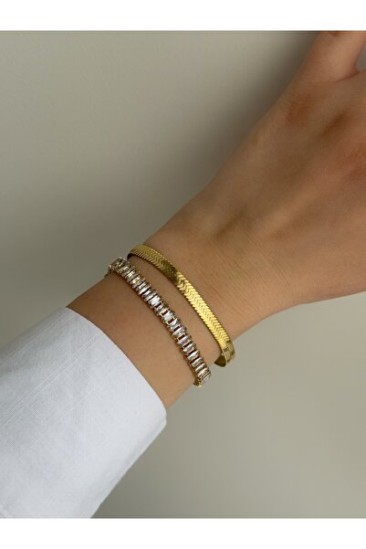 Owentis سوار من الفولاذ الذهبي ذو الصف المزدوج من الرغيف الفرنسي وسوار الكرة الأرضية الإيطالي ذاتي التركيب - لا يسبب التشويه -