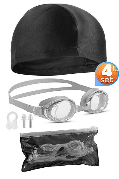 Telvesse Swimming Goggles Set of 4 Bonnet with Ear & Nose Plugs Adjustable Sea Pool Swimming Goggles Gray
