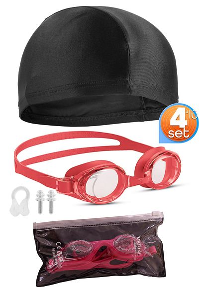 Telvesse Swimming Goggles Set of 4 Bonnet with Ear & Nose Plugs Adjustable Sea Pool Swimming Goggles Pink