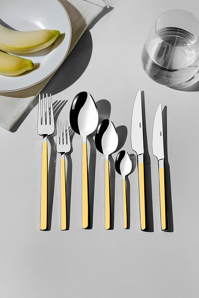Nehir Dalyan Gold Plain 12-Person 89-Piece Leather Boxed Cutlery Set