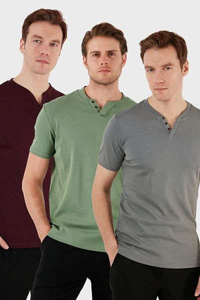 Buratti Λεπτομέρεια με βαμβακερό κουμπί Slim Fit V λαιμόκοψη 3 Πακέτο Μπλουζάκια Ανδρικά Μπλουζάκια 5902122s3