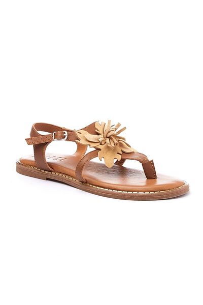 Deriderim Sandale pentru femei din piele întoarsă autentica, maro, florale - talpa flip flop, curea de piele maro la glezna