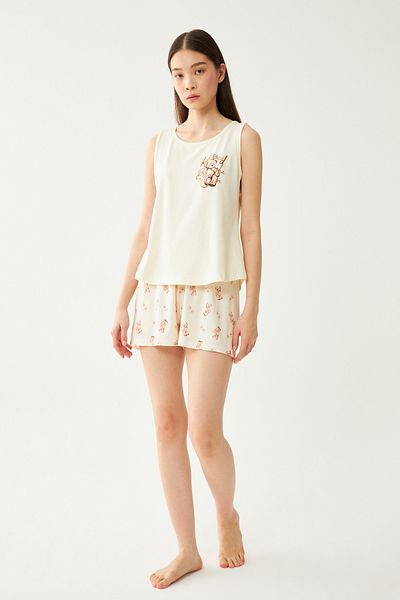 Ecrou Women's Beige Teddy Bear Printed Shorts Pajama Set