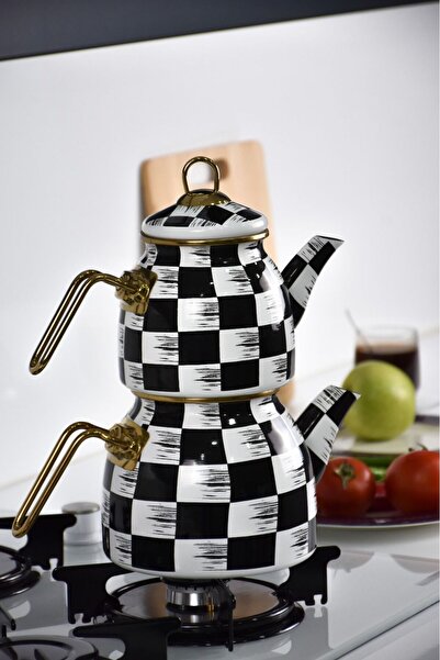 Akkoyunlu home Blackwhite Dama Desen Emaye Çaydanlık Takımı