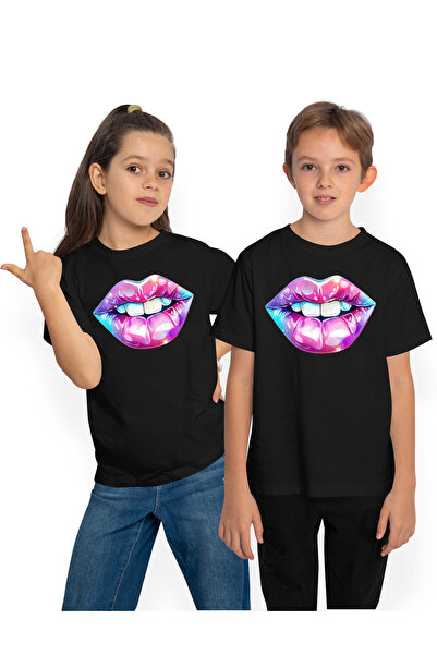 StoryGift Romania Tricou Copii cu buze stralucitoare, mov, roz, dinti, sclipi...