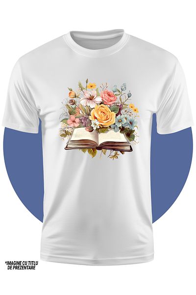 StoryGift Romania Tricou Copii cu o carte deschisa, ilustratie, flori, galbene, albastre, lectura, pentru pa