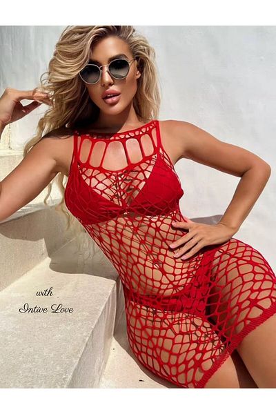 İntive Lingerie Μίνι κάλτσες με μακρυμάνικο κόκκινο φόρεμα Intive Wide Mesh/Babydoll/Pareo