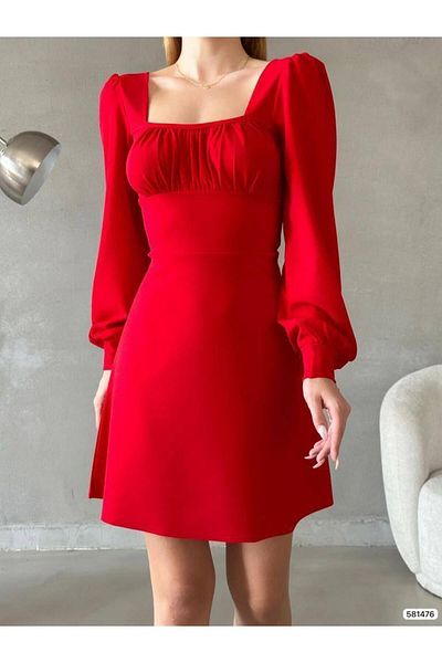 Modafeminen Rochie scurtă din țesătură creponată importată cu mânecă lungă cu detaliu pe spate roșu 581476